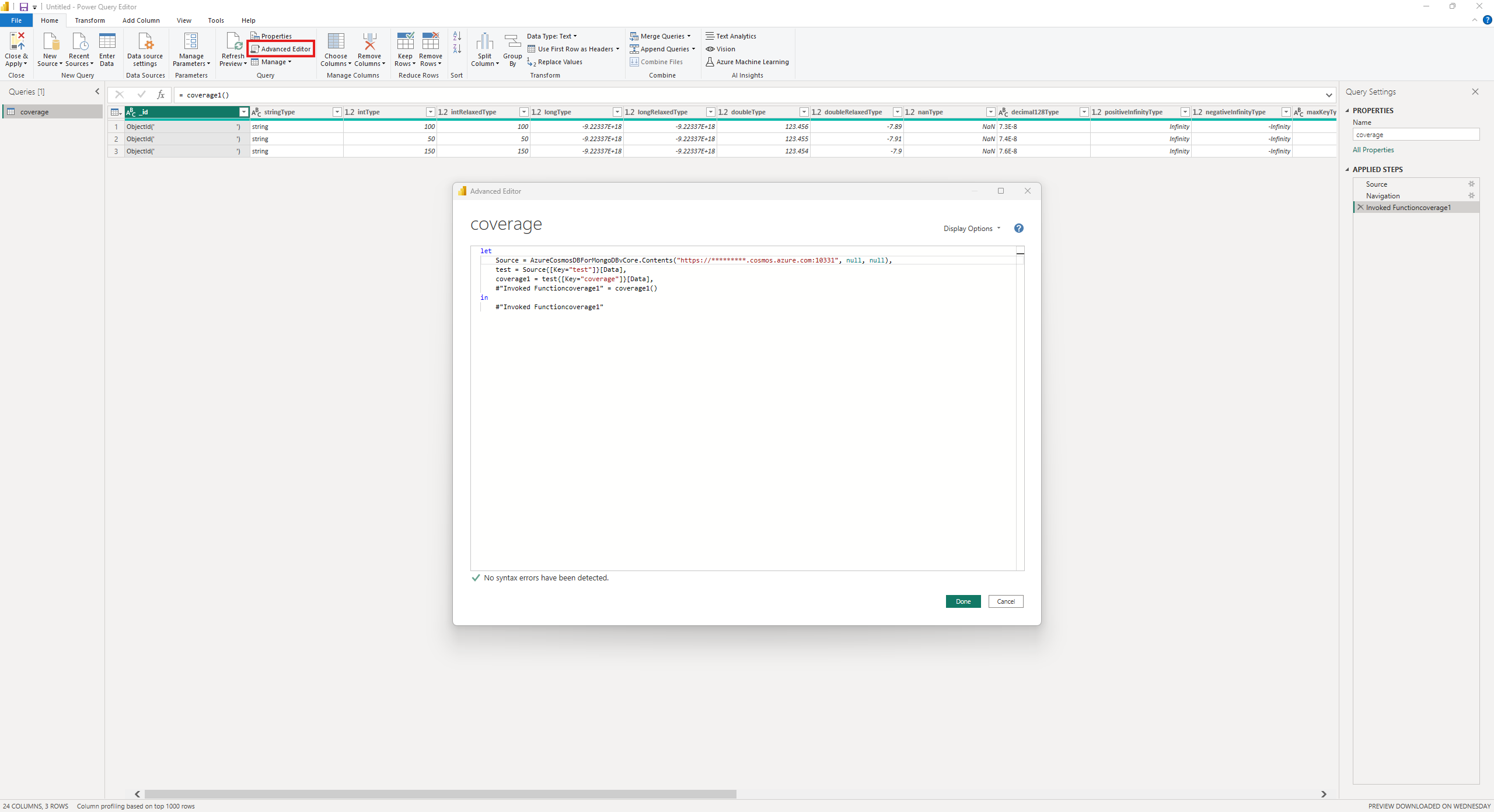 Screenshot showing Native Mongo Query Initial Advanced Editor before.