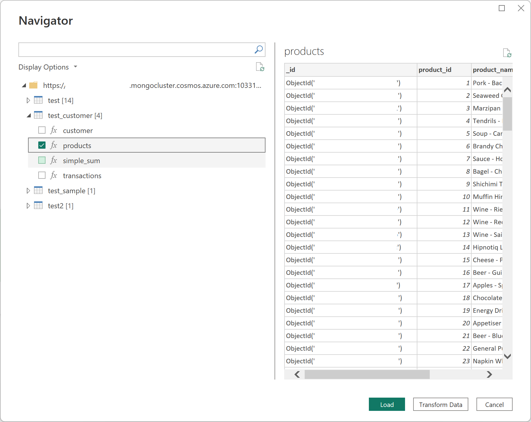 Screenshot showing Azure Cosmos DB for MongoDB vCore load or transform.