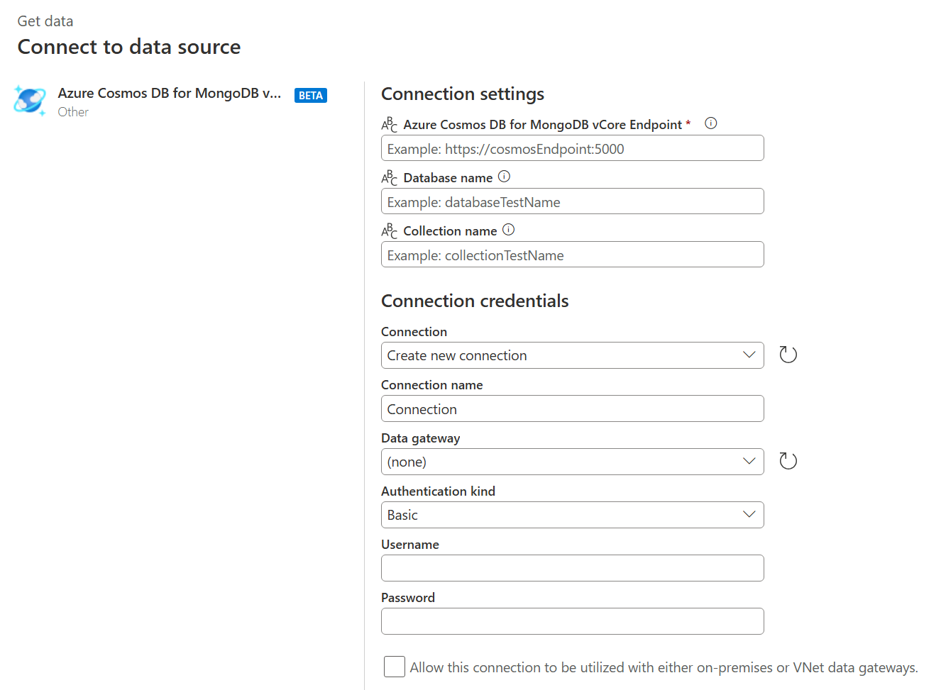 Screenshot showing Azure Cosmos DB for MongoDB vCore Connection dialog in Power Query online.