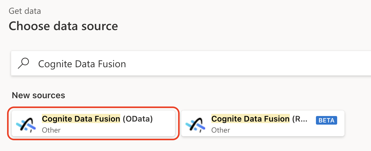 Screenshot of the get data window with Cognite Data Fusion (OData) emphasized.
