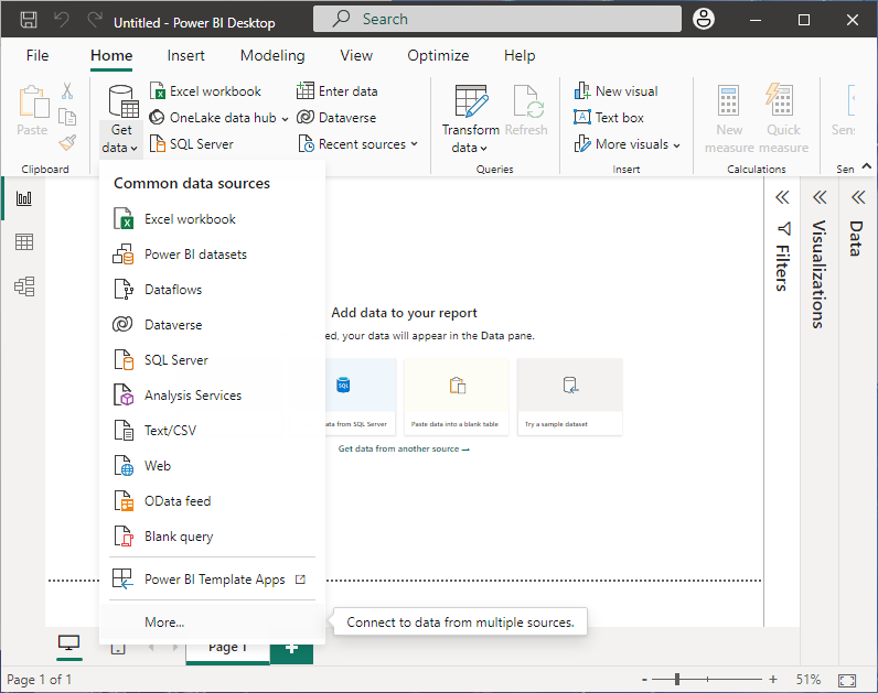 Screenshot of the Get Data drop down box with the More option emphasized.
