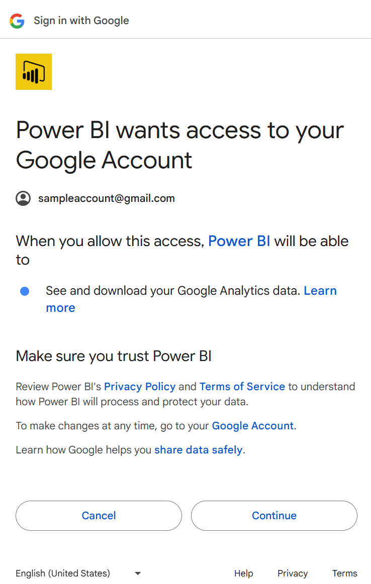 Screenshot where you allow access to your Google account from Power Query Online.