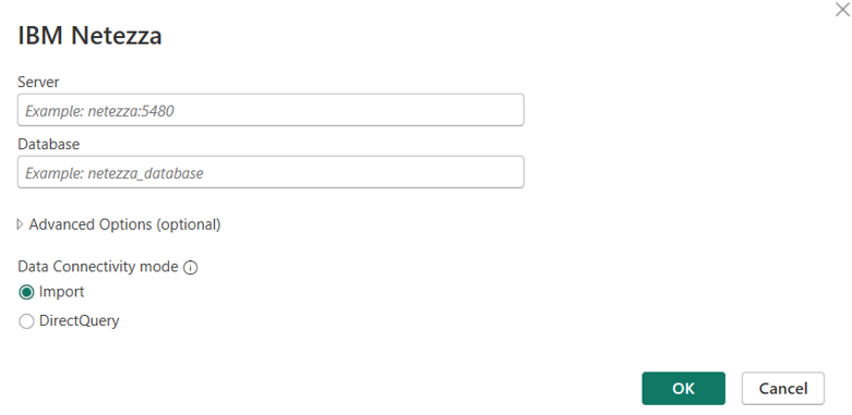 Screenshot of the Netezza dialog with a Server name entered and the Import data connectivity mode selected.
