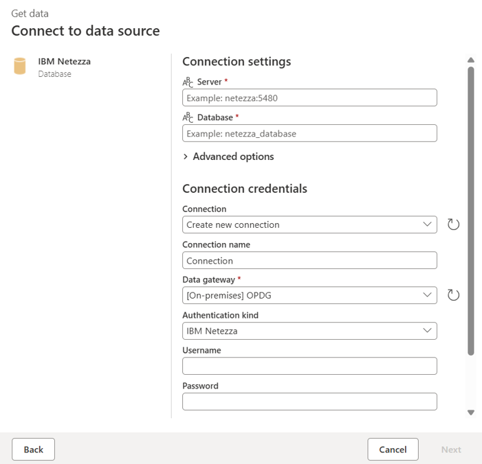 Enter the Netezza database online connection.