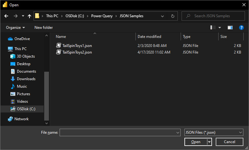 Screenshot of the file browser with two JSON files to choose from.