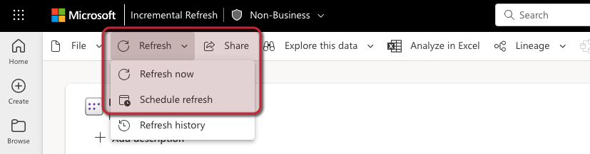 Screenshot of refresh buttons that show the options available for refresh which are Refresh now or Schedule refresh.