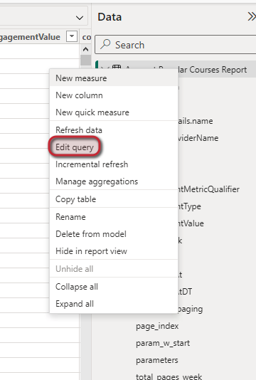 Screenshot of where the edit query option is within Power BI.