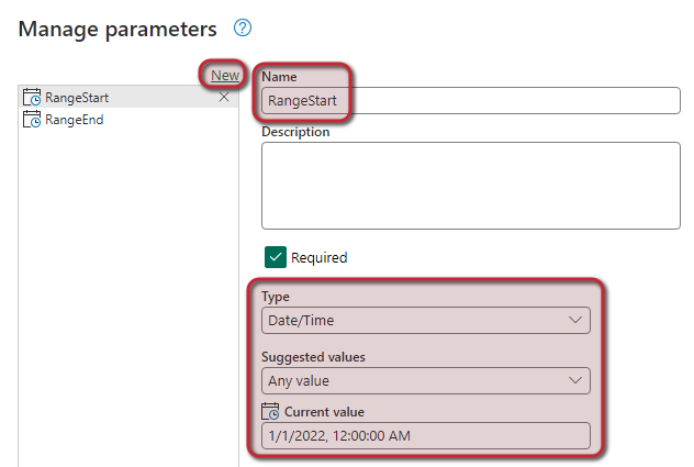 Screenshot highlighting the steps needed in order to create the RangeStart and RangeEnd parameters.