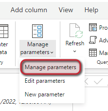 Screenshot of where the manage parameters option is within Power BI.