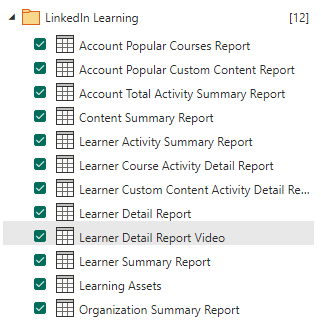 Screenshot of LinkedIn Learning data tables that are available to be loaded into Power BI.