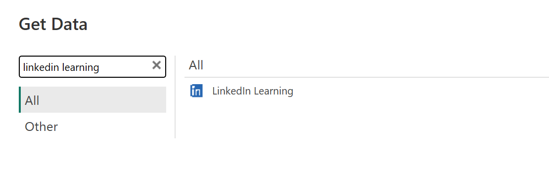 Screenshot of the get data search box with returned search results when LinkedIn Learning is searched.