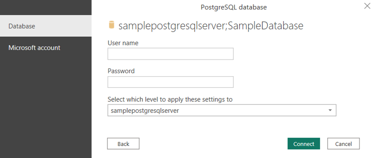Screenshot of the authentication dialog where you enter your PostgreSQL user name and password.