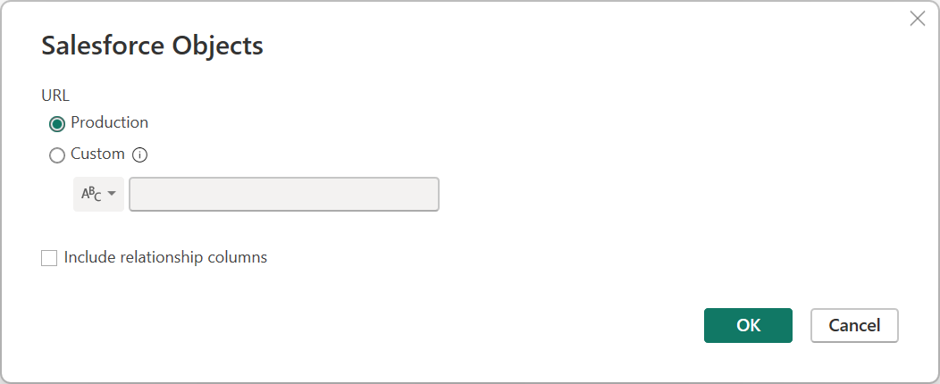Screenshot of the Get data dialog with the production URL selected.