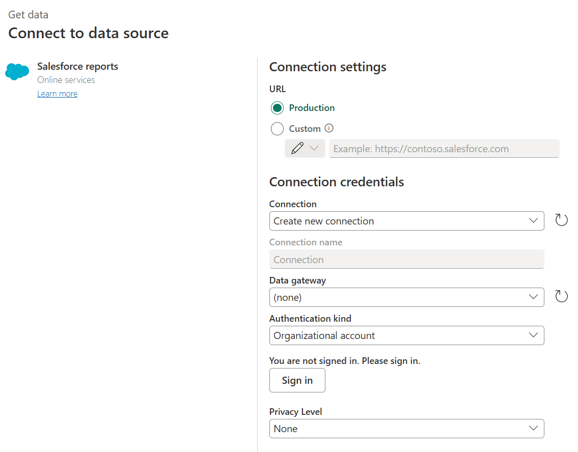 Screenshot of the Connect to data source window where you add Salesforce Reports connection information.