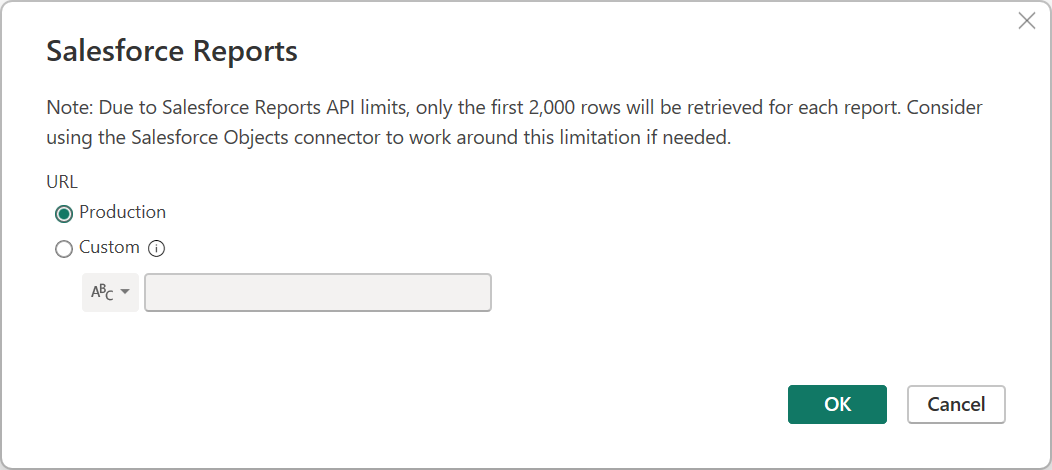 Screenshot of the Get data dialog with the production URL selected.