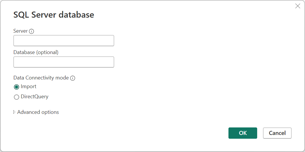 Screenshot of the SQL Server database connection builder in Power Query Desktop.