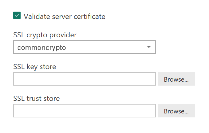 Screenshot of the Power BI Desktop validate server certificate information.