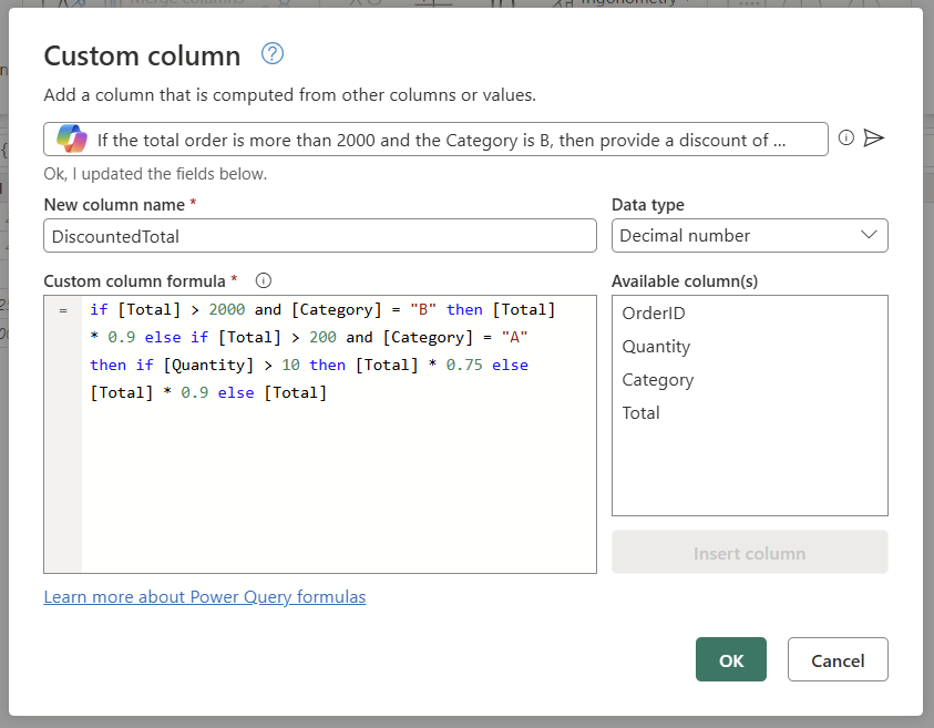 Screenshot of the Copilot experience for natural language to custom column formula in the add custom column dialog of Power Query.