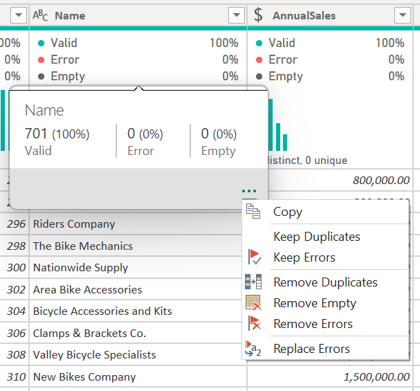 Screenshot demonstrating the data quality hover options.