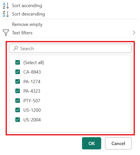 Screenshot of the Auto filter menu in Power Query with the column values emphasized.