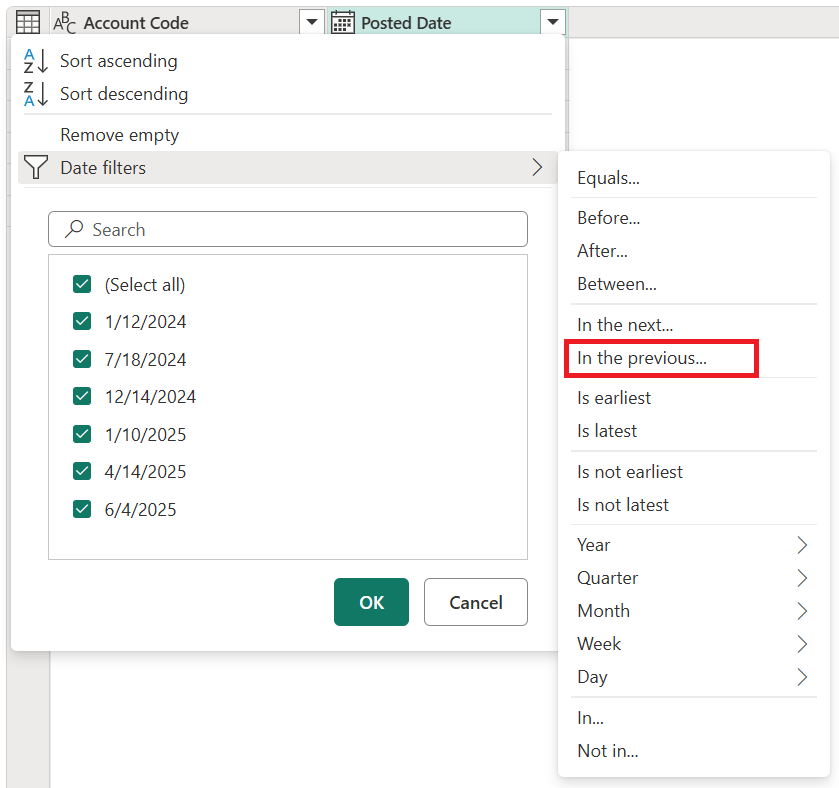Sceenshot of a sample type specific filter for a date column with the previous option emphasized.