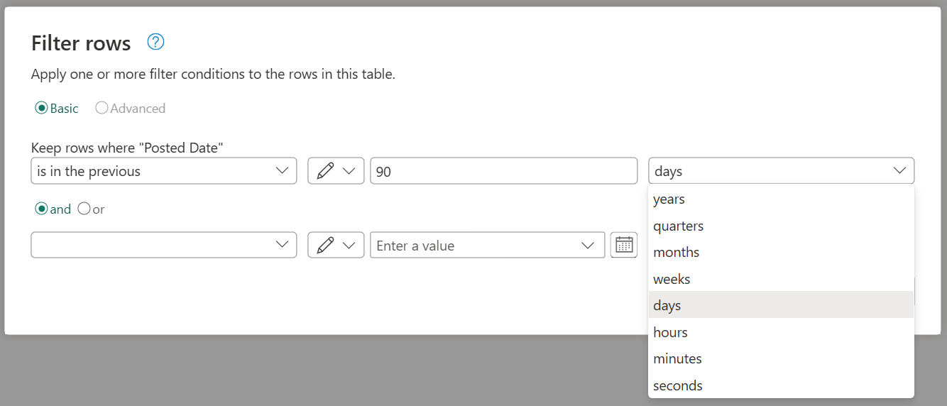 Screenshot of the Filter rows dialog showing the Is in the previous date-specific filter.