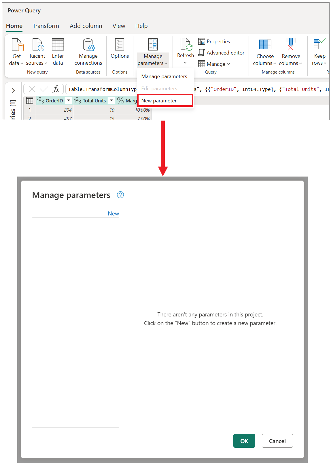 Screenshot of the Manage parameters drop-down menu with New parameter emphasized and the Manage parameters dialog.