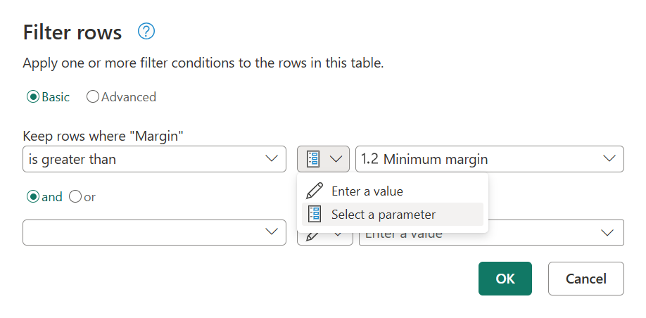 Screenshot of the Filter rows dialog with the Select a parameter option set for the transformation argument.