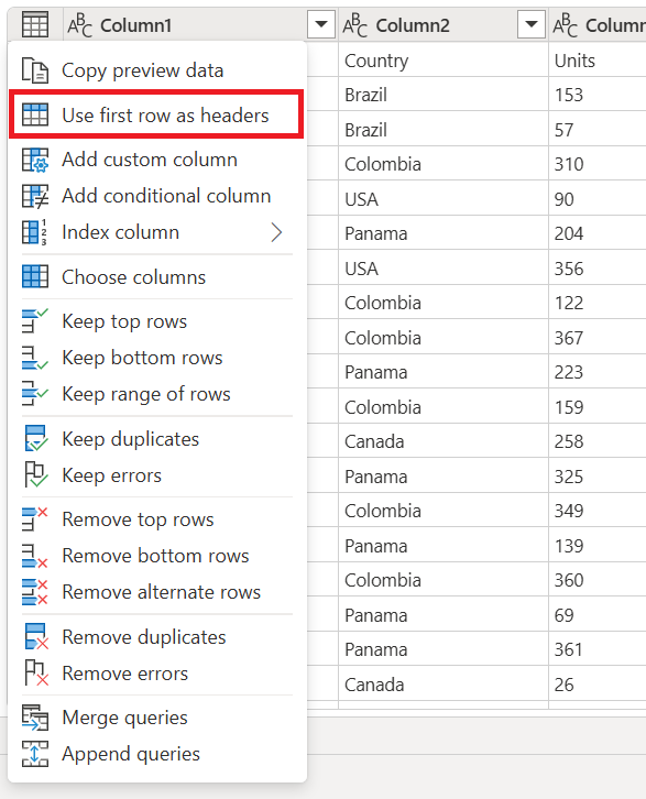 Screenshot of the table icon menu with the Use first row as headers option emphasized.