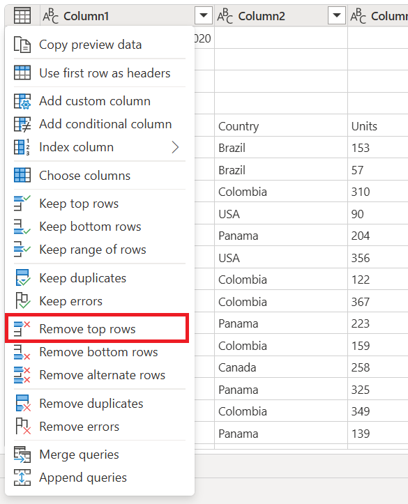 Screenshot of the table icon menu with Remove top rows emphasized.