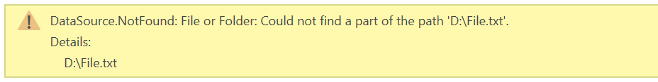 Screenshot of a data source error that couldn't find the file because there's no drive D in the current environment.