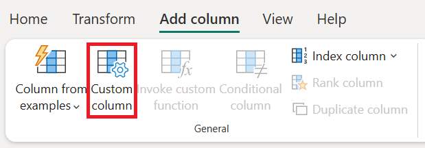 Screenshot of the Power Query ribbon with the Custom column option emphasized in the Add column tab.