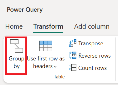 Screenshot of the Power Query ribbon with the Group by option emphasized in the Transform tab.