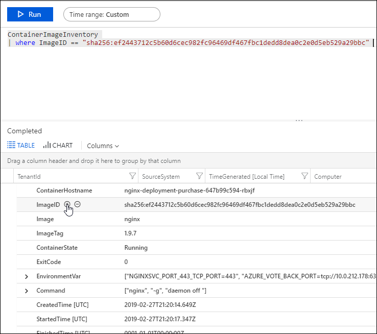 Screenshot that shows Log Analytics with a query for a container image and details about the image.