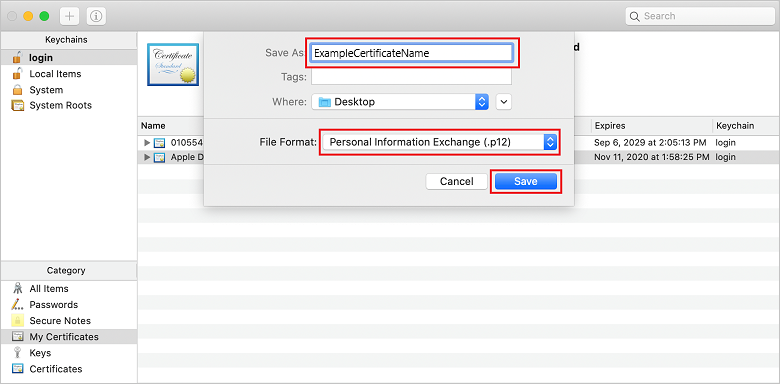 Export certificate as p12 format