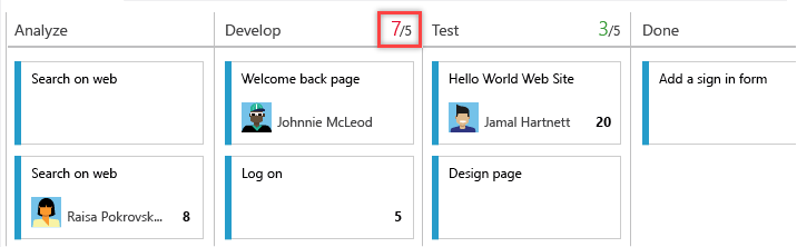 Example image of a board showing a column over the WIP limit.