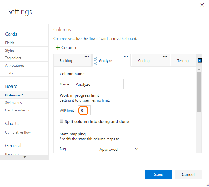 Kanban board, Customize columns, default columns, Agile process, set WIP limits