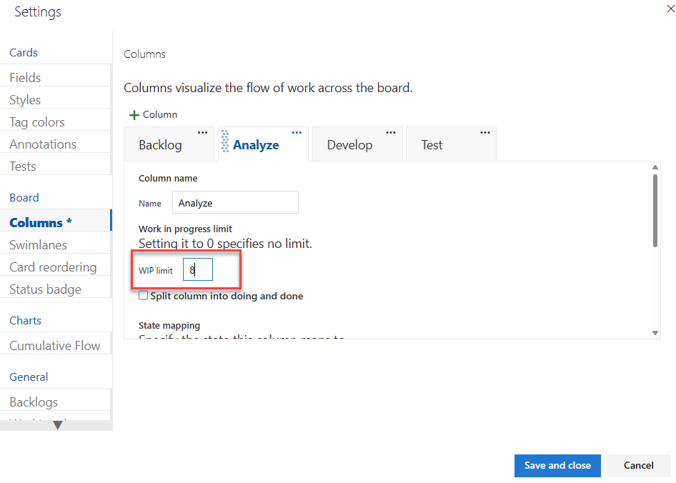Screenshot of the Kanban board, Customize columns, default columns, Agile process, set WIP limits.