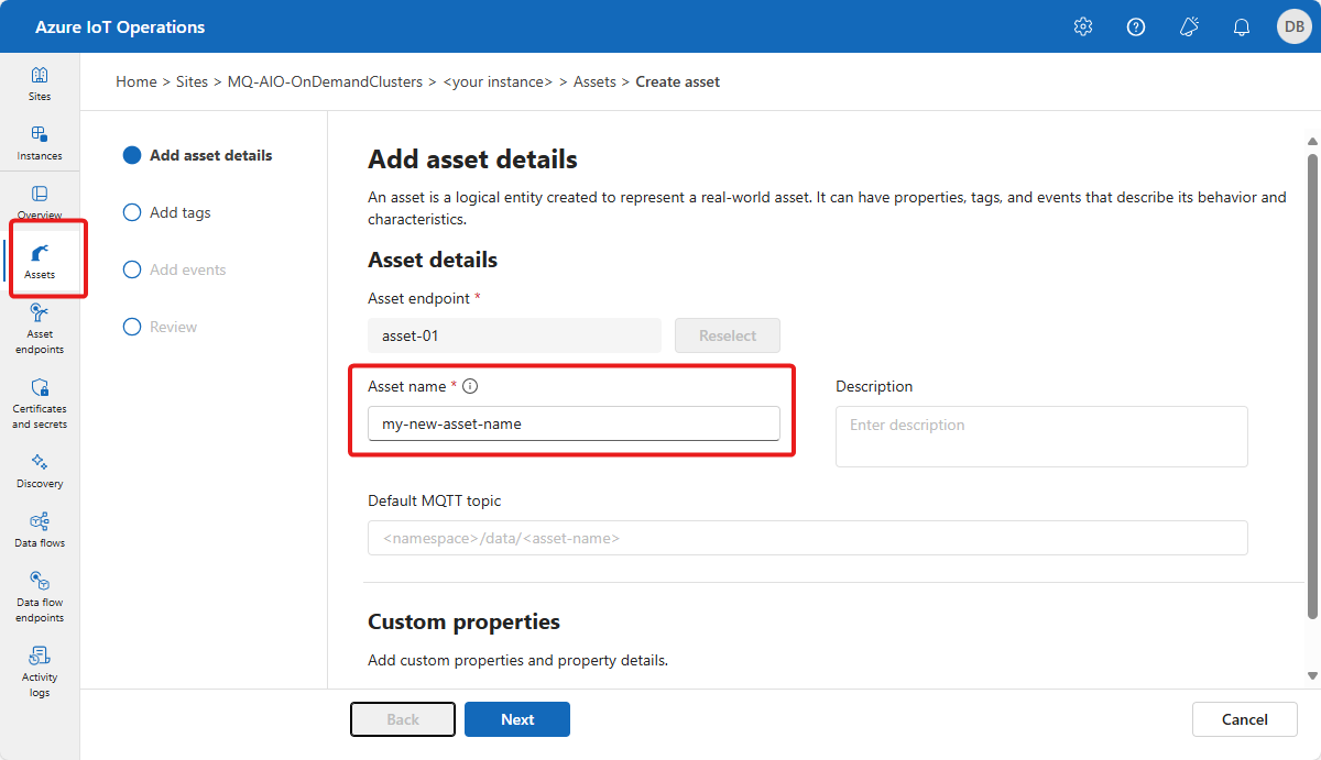 Screenshot that shows an asset created from a discovered asset.