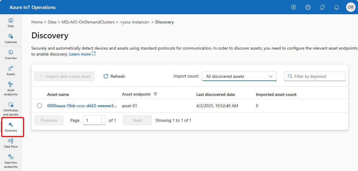 Screenshot that shows how to view discovered assets.