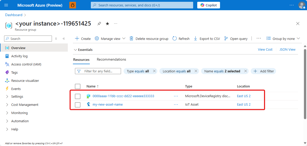 Screenshot that shows how to view the discovered and imported asset in the Azure portal.
