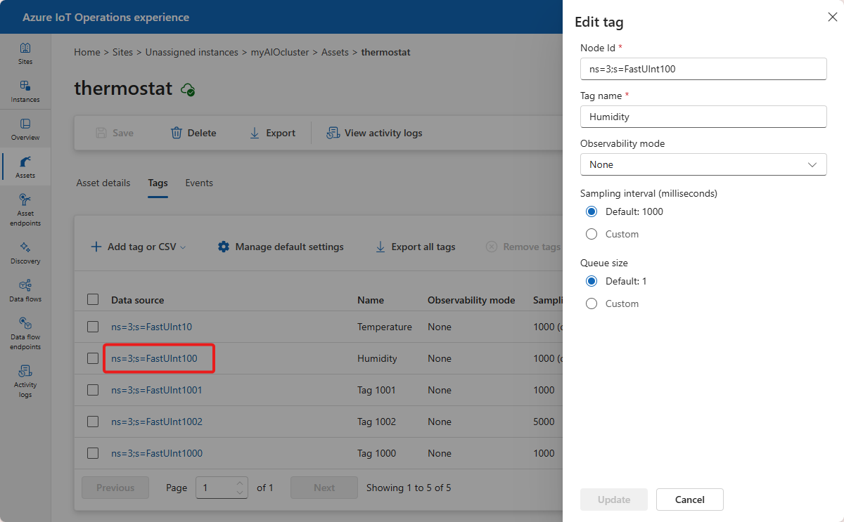 A screenshot that shows how to update an existing tag in the operations experience.