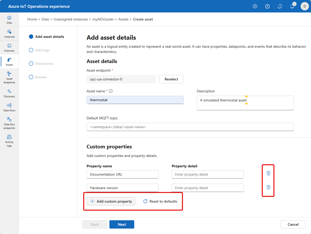 Screenshot that shows how to add asset details in the operations experience.