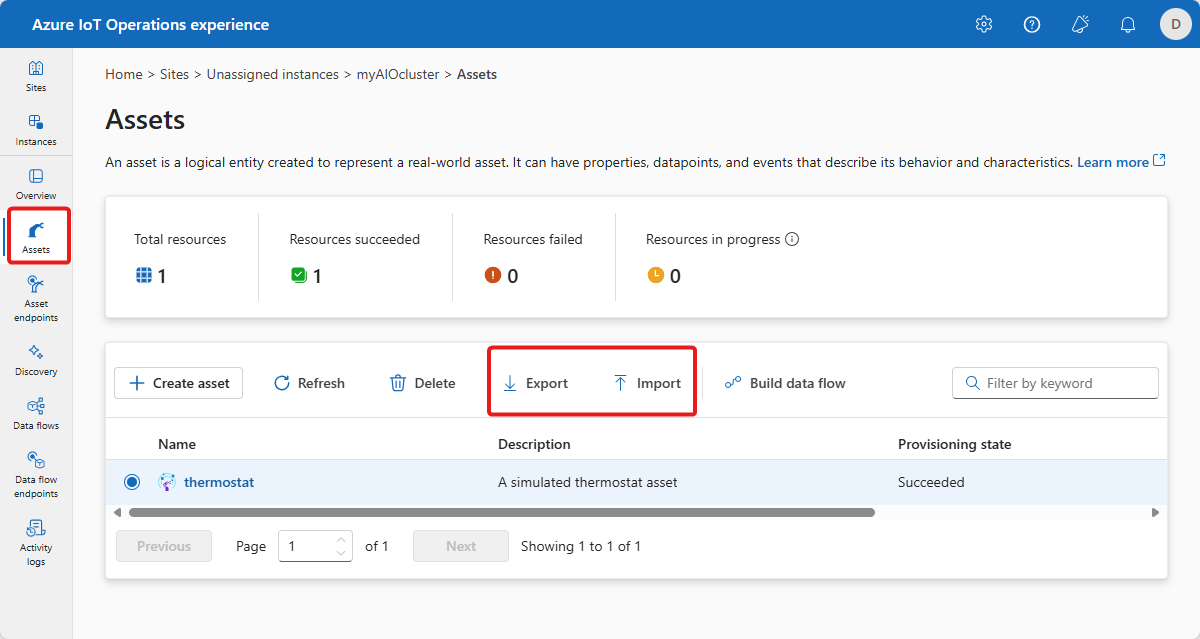 Screenshot showing the options to import and export an asset.