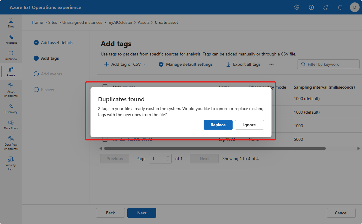 A screenshot that shows the error message when you import duplicate tag definitions in the operations experience.