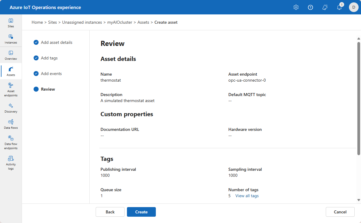 A screenshot that shows how to review your asset, tags, and events in the operations experience.