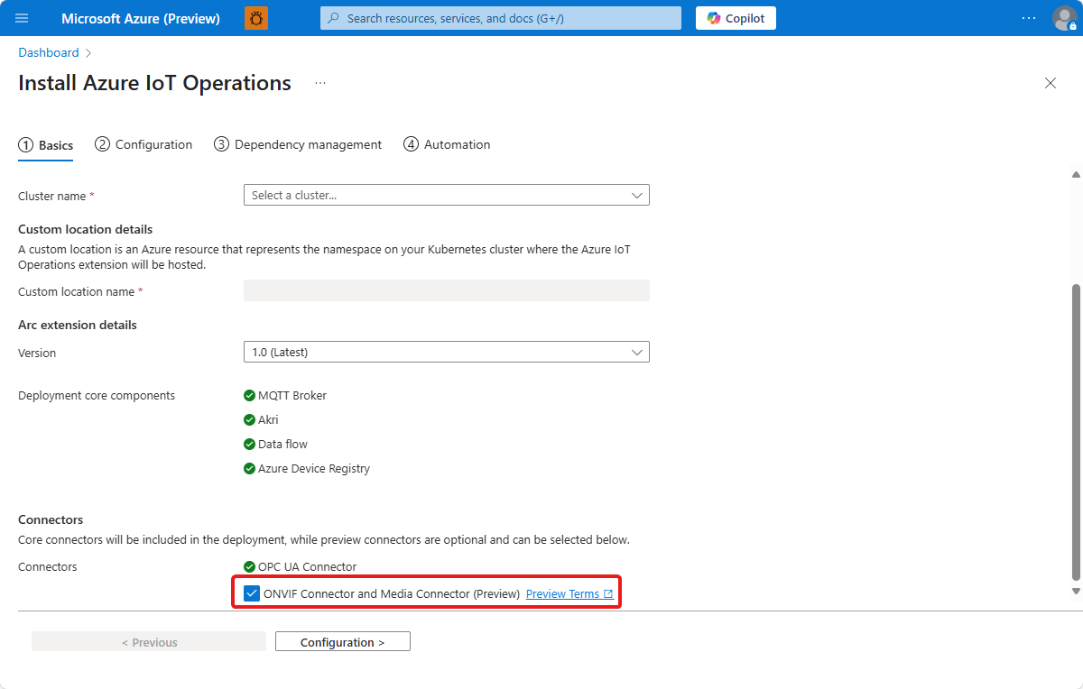 Screenshot of Azure portal that shows how to select the preview connectors.