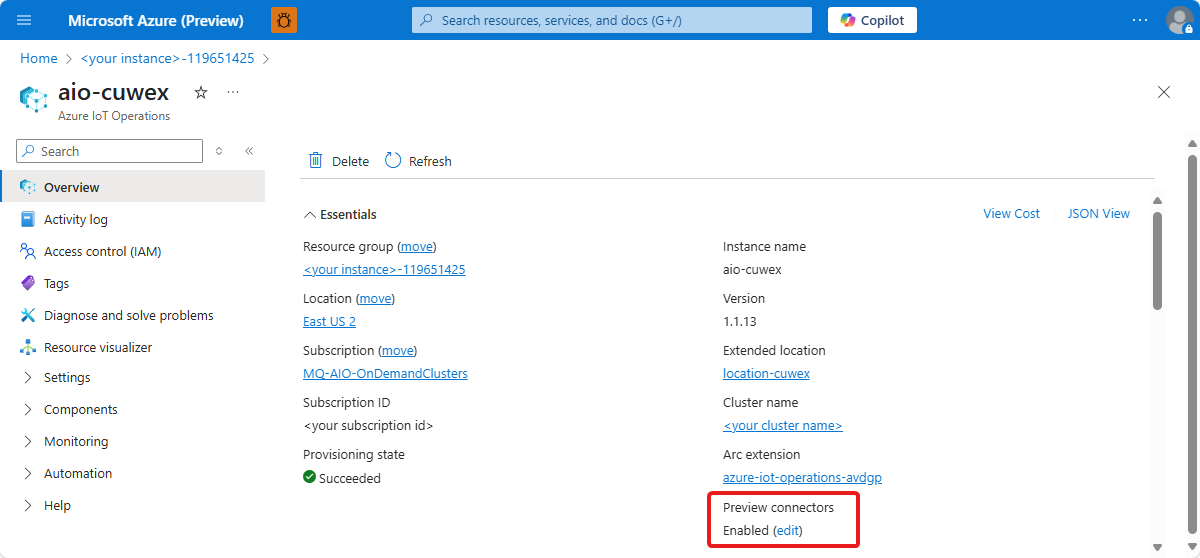 Screenshot of Azure portal that shows how to enable the preview connectors.