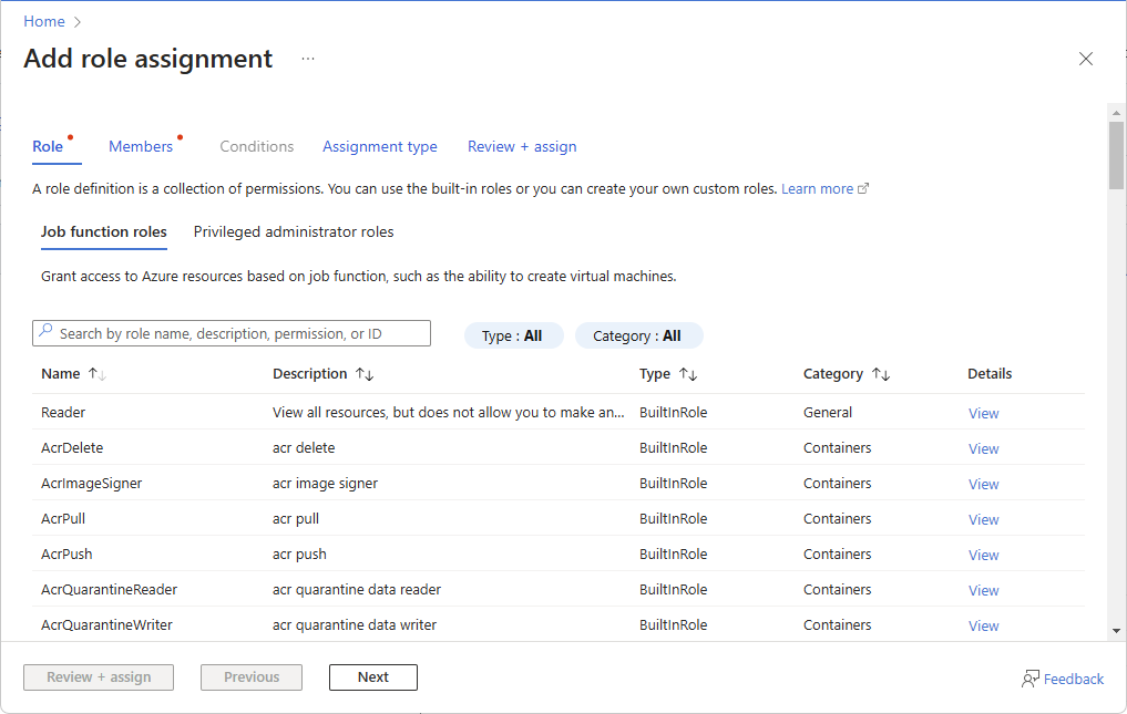 Screenshot showing Add role assignment page in Azure portal.