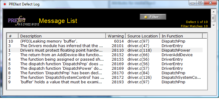 Screen shot showing the PREfast Defect Log dialog box